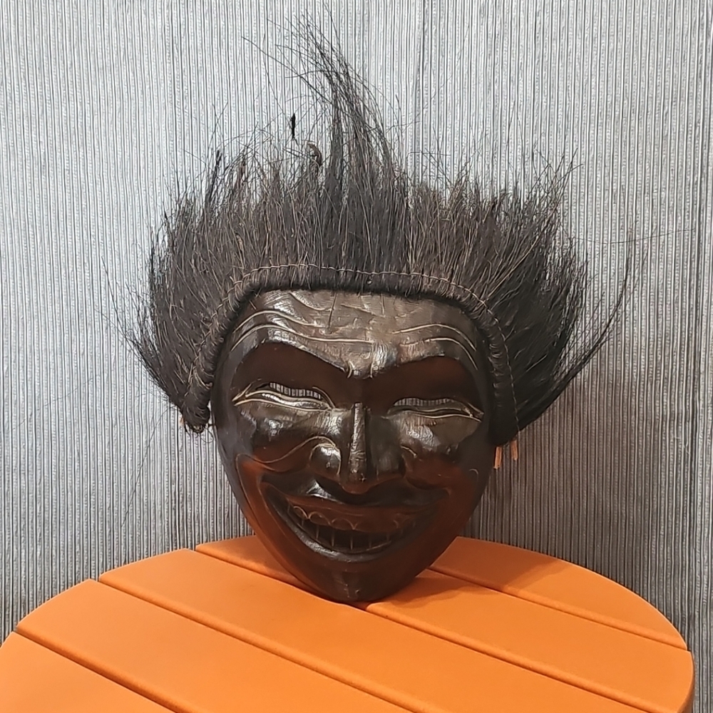 Handcrafted Wooden Mask Hair‎ Large African Tribal Smiling Face, Tiki Bar